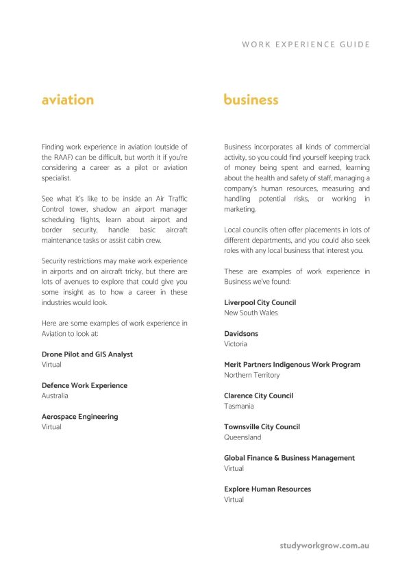 Sample page of the Work Experience Guide