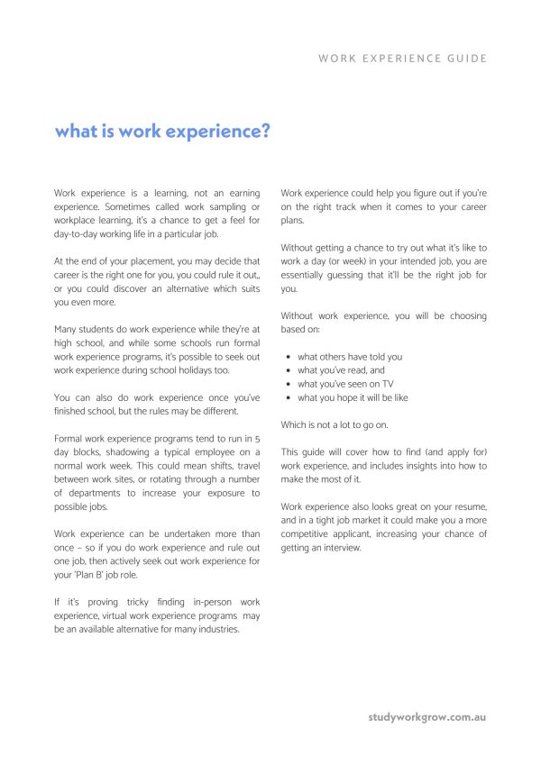 Sample page of the Work Experience Guide
